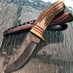 Handmade Damascus steel skinning knife with stag handle and sheath