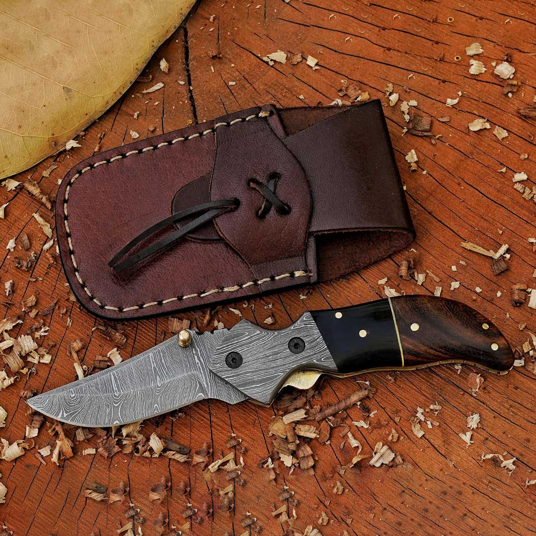 HorizonHaven hand forged Damascus folding pocket knife with leather sheath