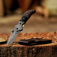 HorizonHaven hand forged Damascus folding pocket knife with leather sheath
