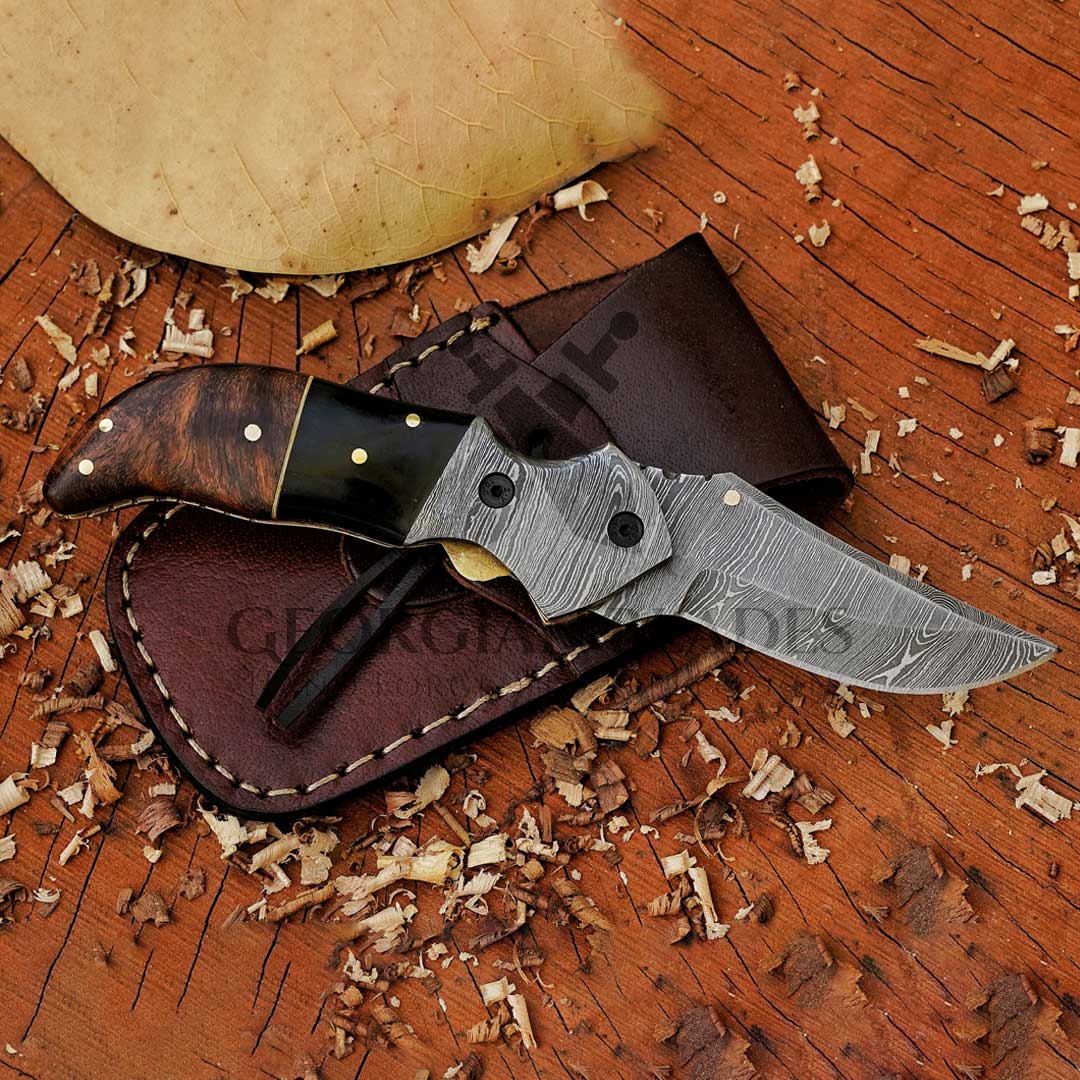 HorizonHaven hand forged Damascus folding pocket knife with leather sheath