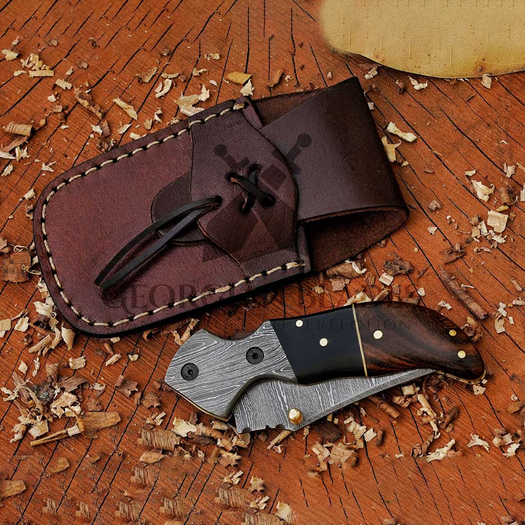 HorizonHaven hand forged Damascus folding pocket knife with leather sheath