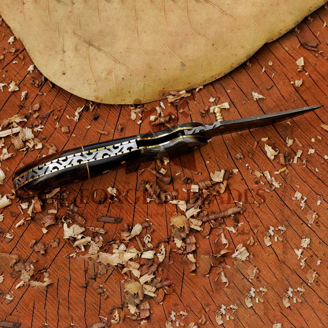 HorizonHaven hand forged Damascus folding pocket knife with leather sheath