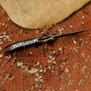 HorizonHaven hand forged Damascus folding pocket knife with leather sheath