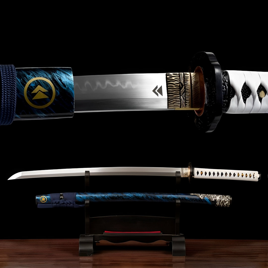 Jin Sakai katana replica with blue scabbard and display stand