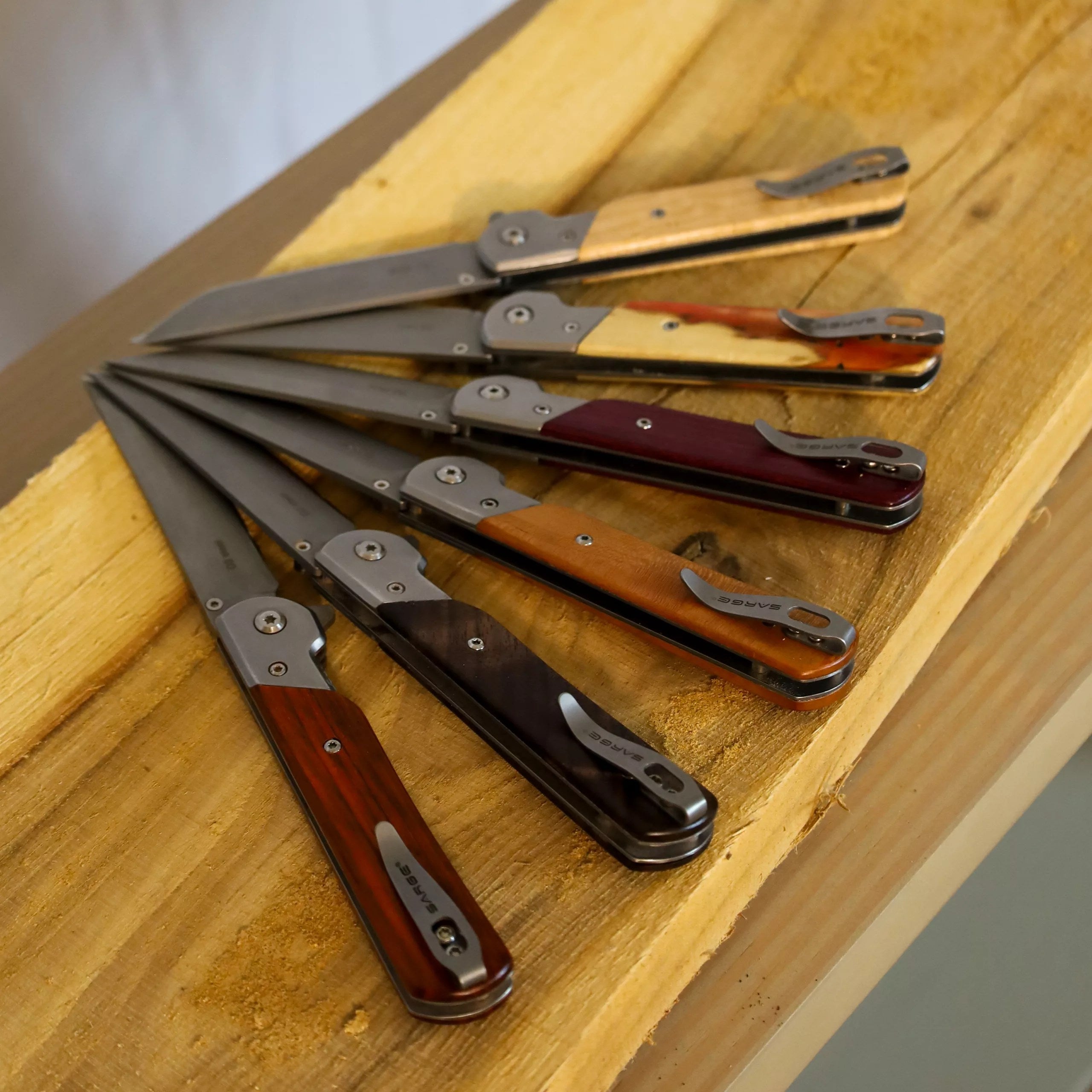 Folding tanto pocket knife with a custom premium hardwood handle
