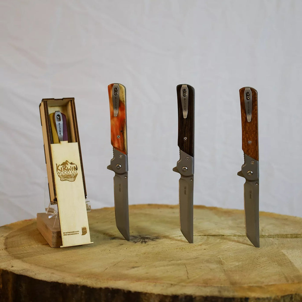 Folding tanto pocket knife with a custom premium hardwood handle
