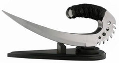 Riddick Saber Claw knife replica with leather-wrapped handle and wood stand