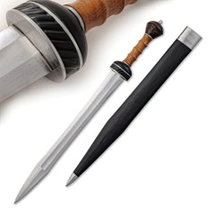Roman gladius sword replica with black leather-wrapped scabbard