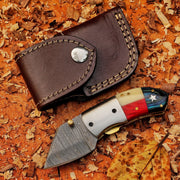 Paul Revere Damascus folding pocket knife with USA-style handle and leather sheath