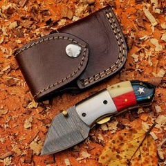 Paul Revere Damascus folding pocket knife with USA-style handle and leather sheath