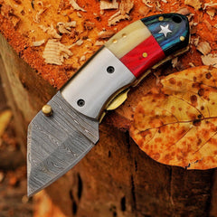 Paul Revere Damascus folding pocket knife with USA-style handle and leather sheath