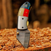 Paul Revere Damascus folding pocket knife with USA-style handle and leather sheath