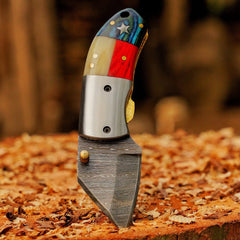 Paul Revere Damascus folding pocket knife with USA-style handle and leather sheath