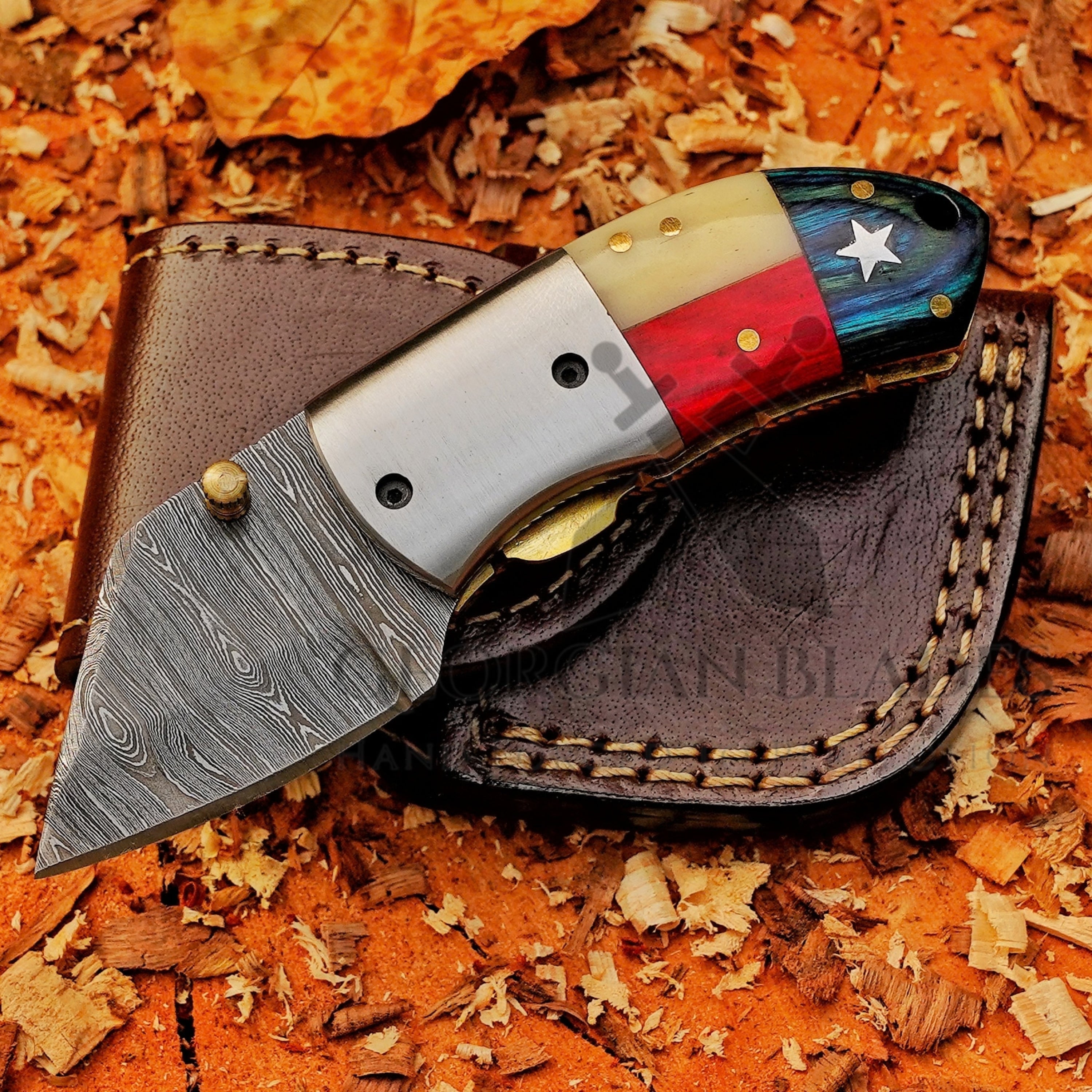 Paul Revere Damascus folding pocket knife with USA-style handle and leather sheath