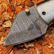 Paul Revere Damascus folding pocket knife with USA-style handle and leather sheath