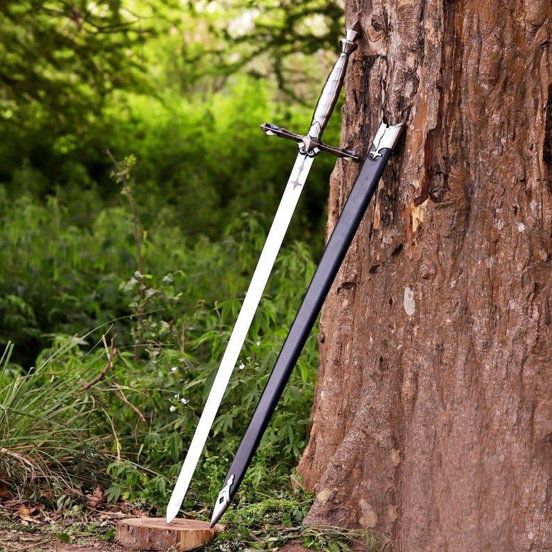 Alucard Inspired Fantasy Sword Replica, Handmade High Carbon Steel Display Collectible with Leather Sheath, Cosplay Gift