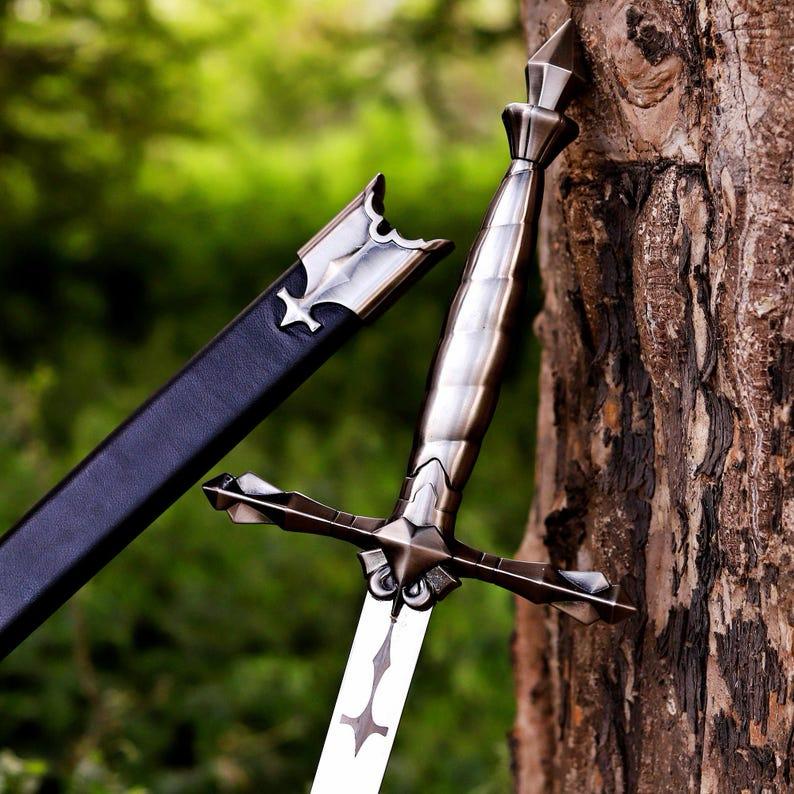 Alucard Inspired Fantasy Sword Replica, Handmade High Carbon Steel Display Collectible with Leather Sheath, Cosplay Gift