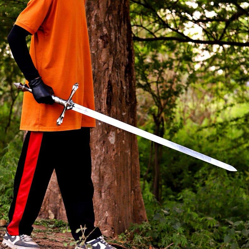 Alucard Inspired Fantasy Sword Replica, Handmade High Carbon Steel Display Collectible with Leather Sheath, Cosplay Gift