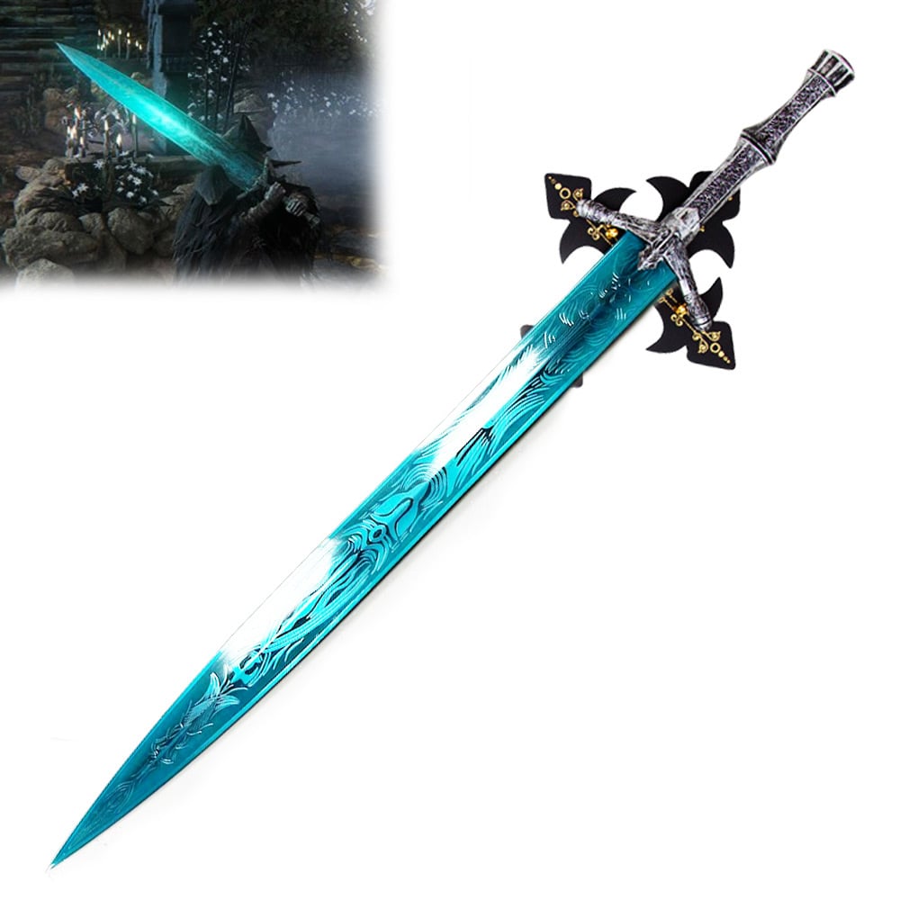 Bloodborne Holy Moonlight Sword replica with wooden display plaque