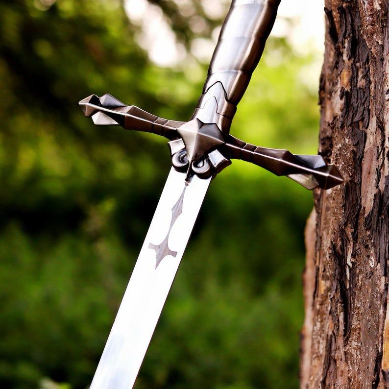 Alucard Inspired Fantasy Sword Replica, Handmade High Carbon Steel Display Collectible with Leather Sheath, Cosplay Gift