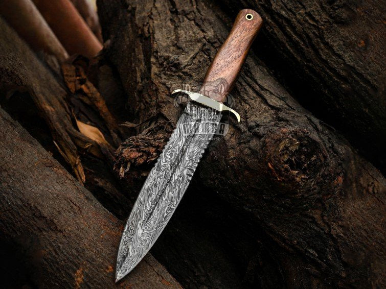 Titan Spear Damascus dagger knife with rose wood handle and leather sheath