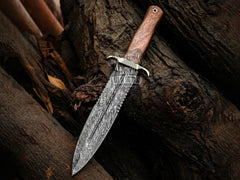 Titan Spear Damascus dagger knife with rose wood handle and leather sheath