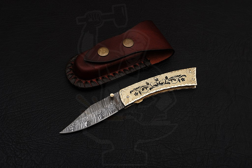 Handmade Damascus liner lock folding knife