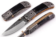 Handmade D2 liner lock pocket knife with Damascus drop point blade