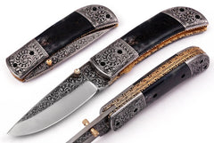 Handmade D2 liner lock pocket knife with Damascus drop point blade