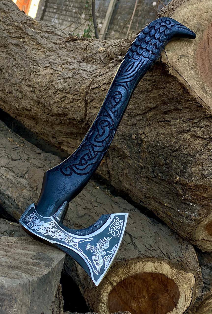 Handmade Raven Axe with Leather Sheath, High Carbon Steel Norse Hatchet, Birthday Gift for Him, Husband, Boyfriend, Groomsmen, ChristmasGift