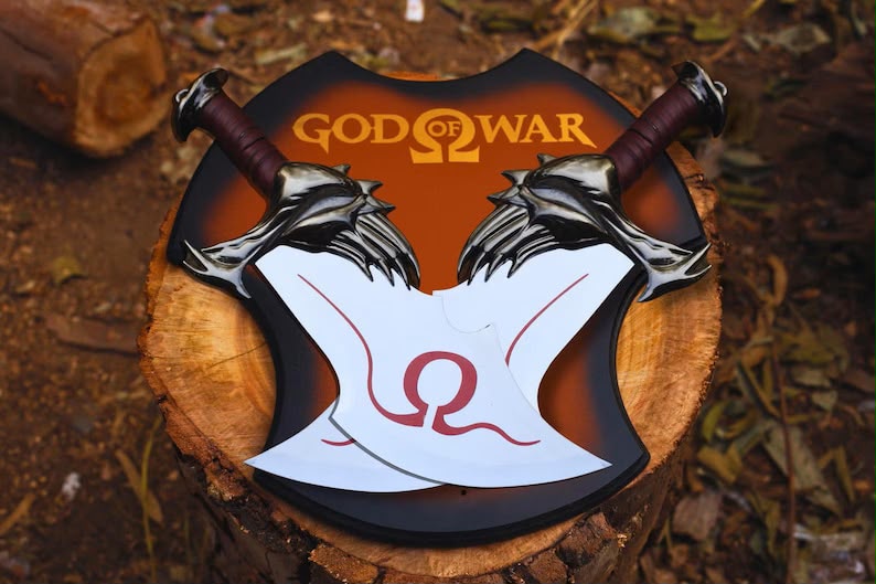 God of War Blades of Chaos Replica, Twin Metal Swords, Gamer Room Display Plaque, Birthday & Anniversary Gift