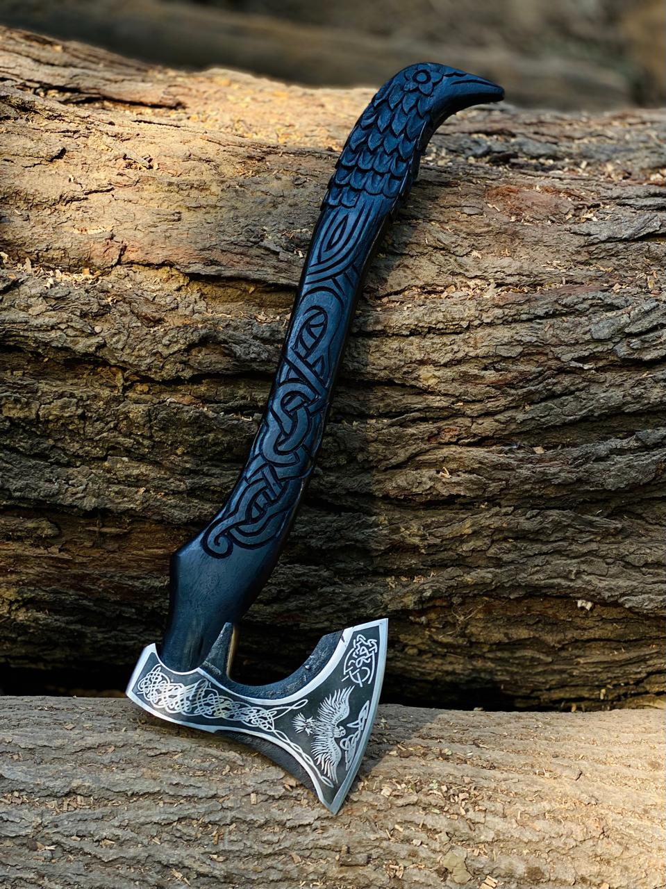 Handmade Raven Axe with Leather Sheath, High Carbon Steel Norse Hatchet, Birthday Gift for Him, Husband, Boyfriend, Groomsmen, ChristmasGift