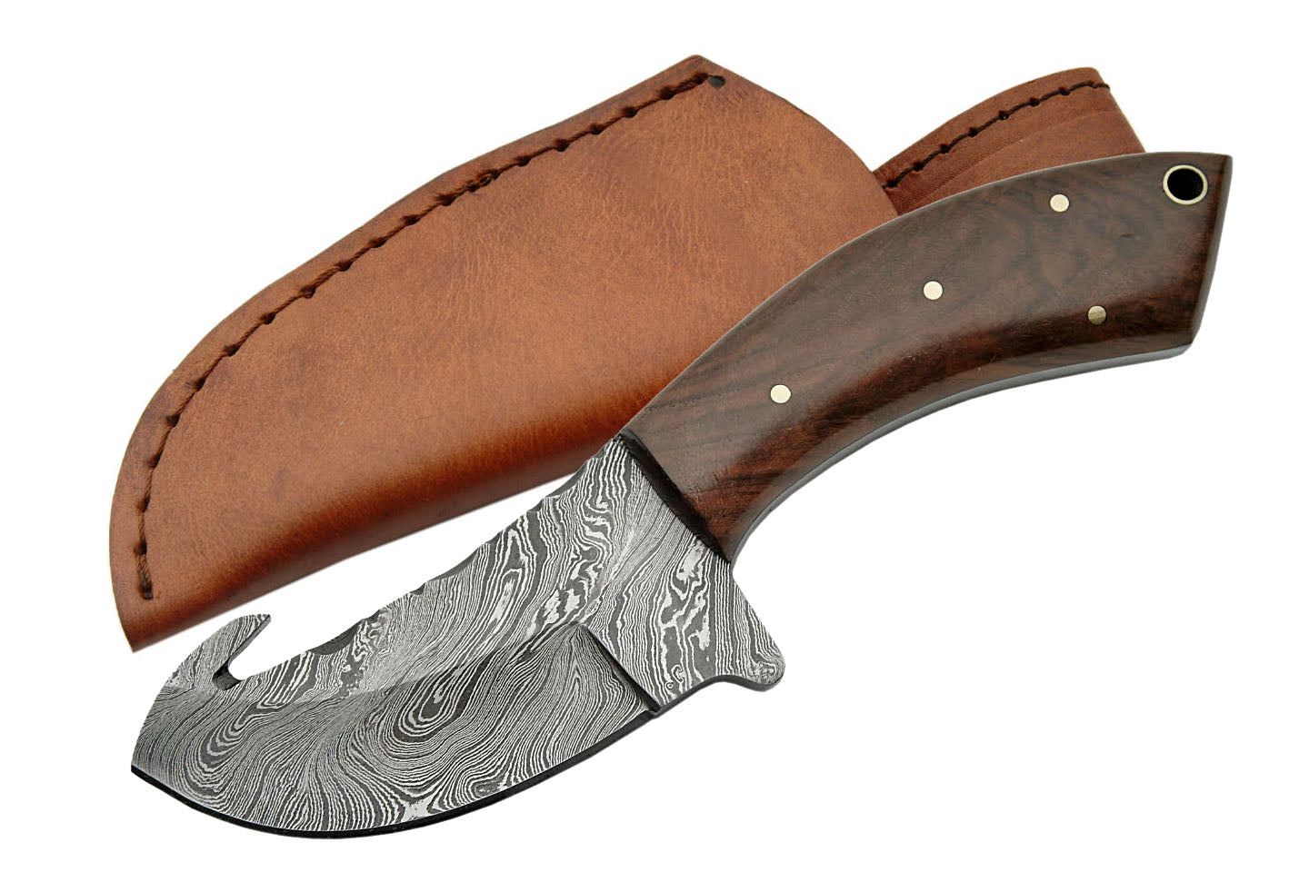 Handmade Damascus gut hook skinning knife with walnut handle and leather sheath