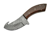Handmade Damascus gut hook skinning knife with walnut handle and leather sheath