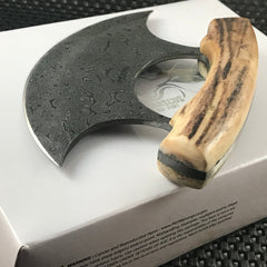 Handmade Damascus ulu knife with stag handle and leather sheath
