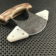 Handmade Damascus ulu knife with stag handle and leather sheath