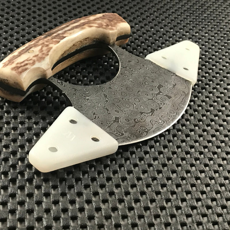 Handmade Damascus ulu knife with stag handle and leather sheath