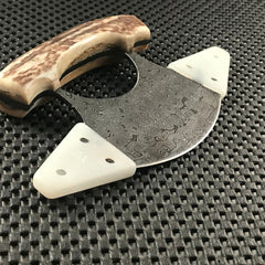 Handmade Damascus ulu knife with stag handle and leather sheath