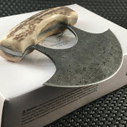 Handmade Damascus ulu knife with stag handle and leather sheath