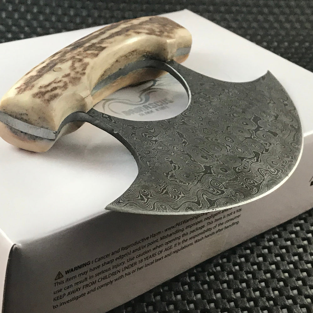 Handmade Damascus ulu knife with stag handle and leather sheath