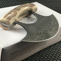 Handmade Damascus ulu knife with stag handle and leather sheath