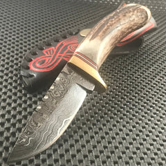 Handmade Damascus steel skinning knife with stag handle and sheath