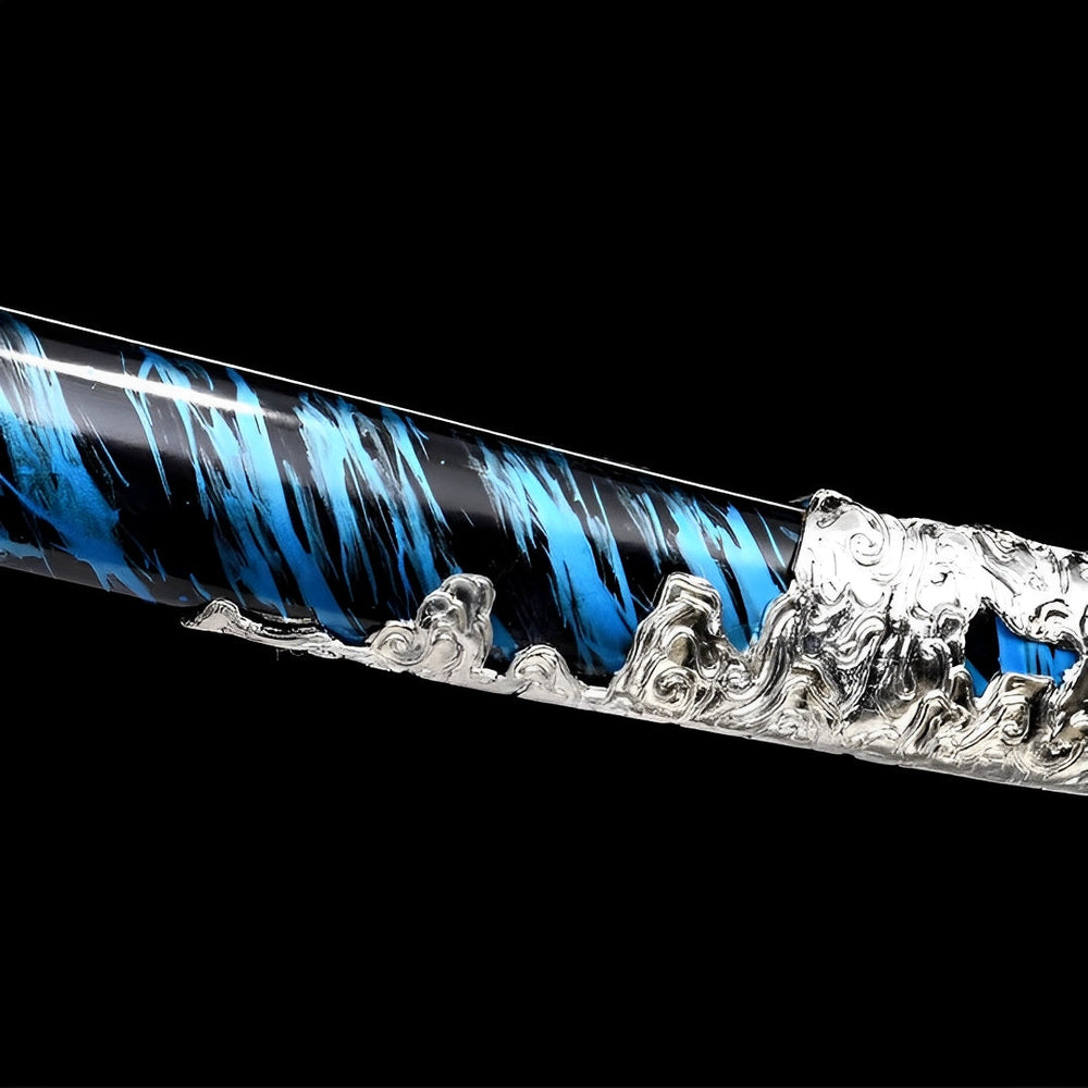 Jin Sakai katana replica with blue scabbard and display stand