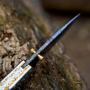 LunarLoom hand forged Damascus folding knife with leather sheath