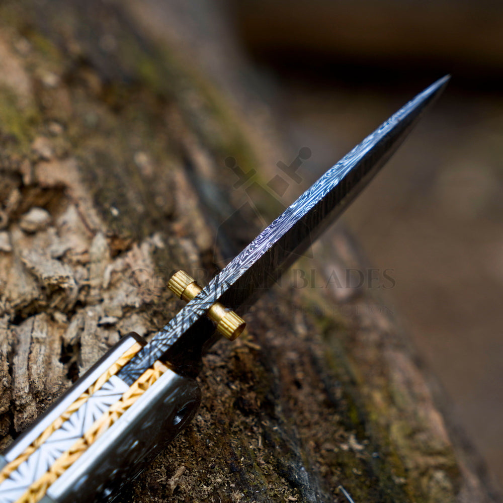 LunarLoom hand forged Damascus folding knife with leather sheath