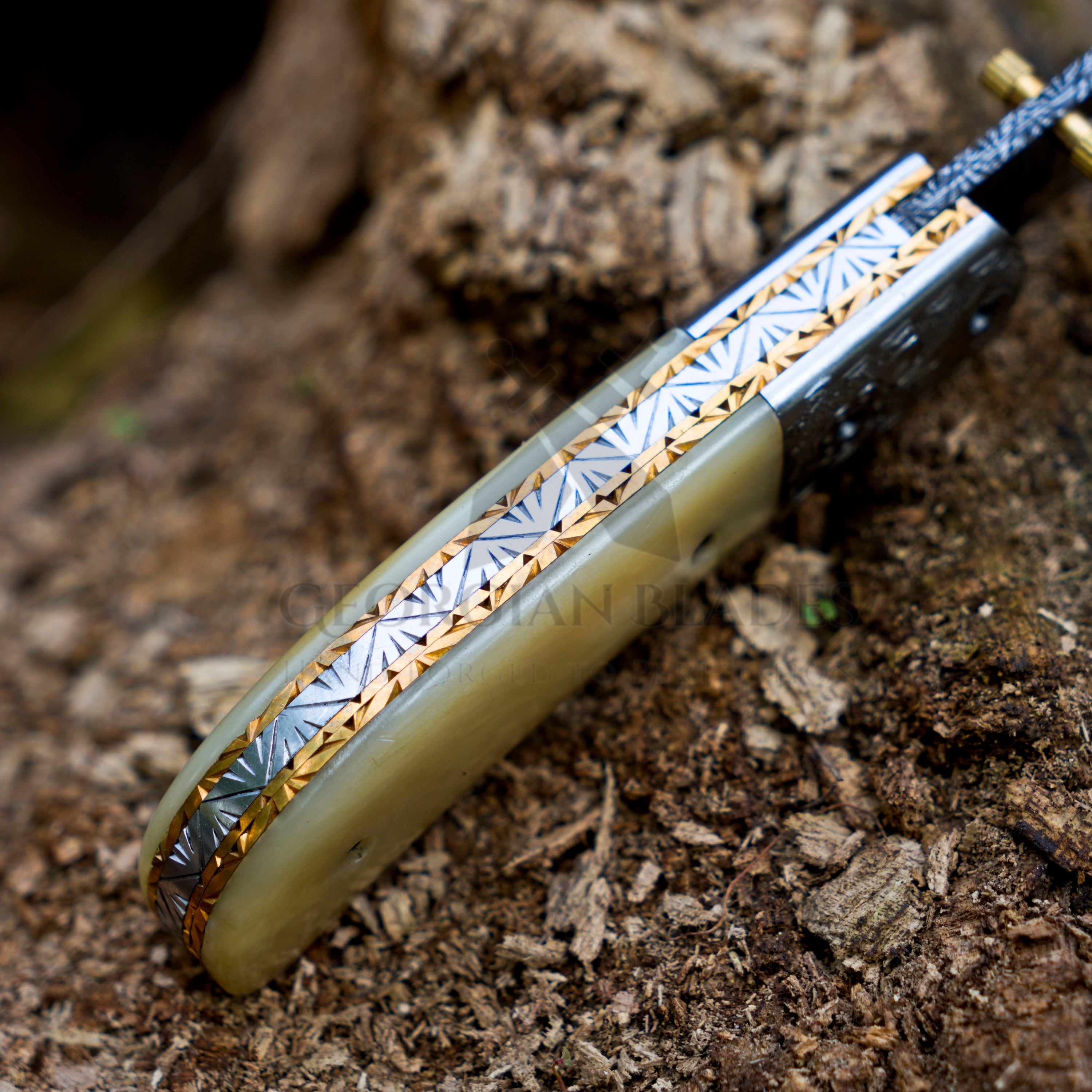 LunarLoom hand forged Damascus folding knife with leather sheath