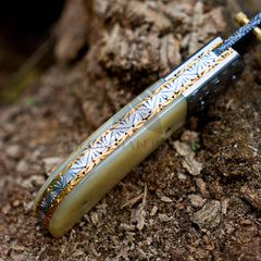 LunarLoom hand forged Damascus folding knife with leather sheath