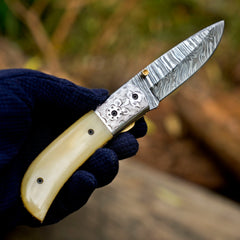 LunarLoom hand forged Damascus folding knife with leather sheath