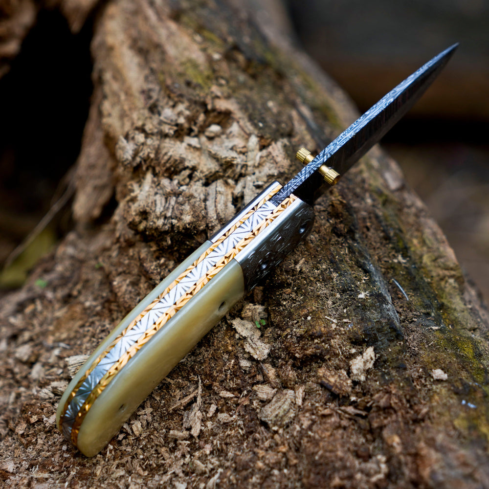 LunarLoom hand forged Damascus folding knife with leather sheath
