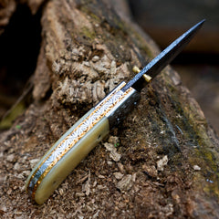 LunarLoom hand forged Damascus folding knife with leather sheath
